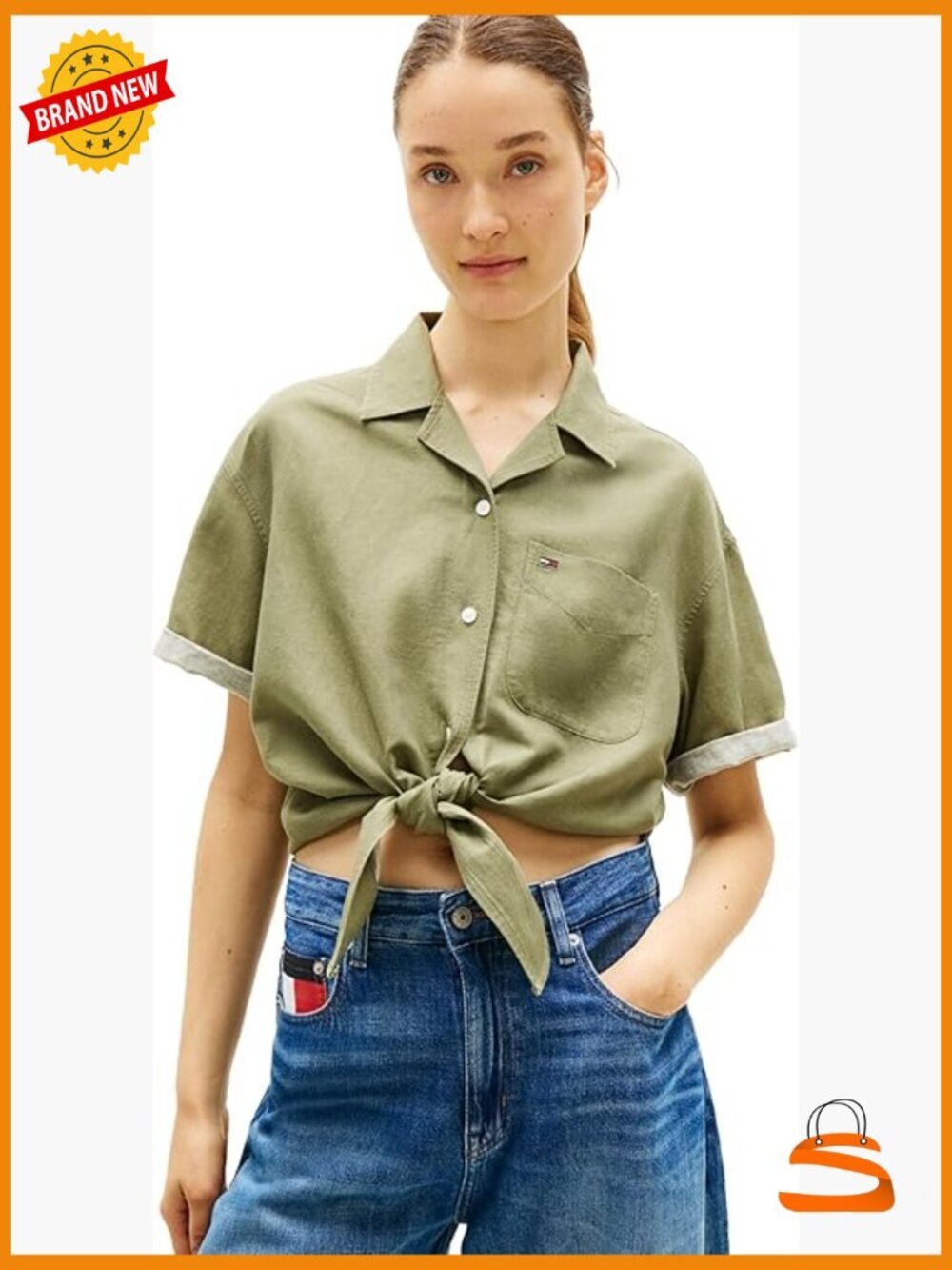 Short Sleeve Linen Cropped Button Down Shirt Relaxed Fit